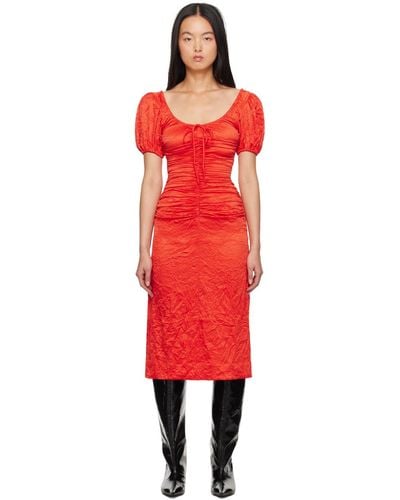 Ganni Red Crinkled Midi Dress