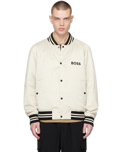 BOSS Off-white Stripes Insulated Bomber Jacket - Natural