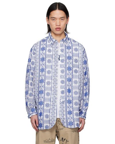 Engineered Garments Enginee garments chemise bleu et blanc à motif graphique brodé