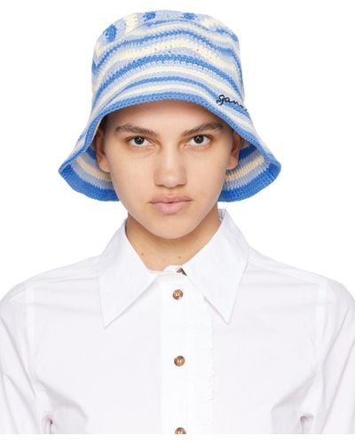 Ganni ブルー&オフホワイト ロゴ刺繡 バケットハット