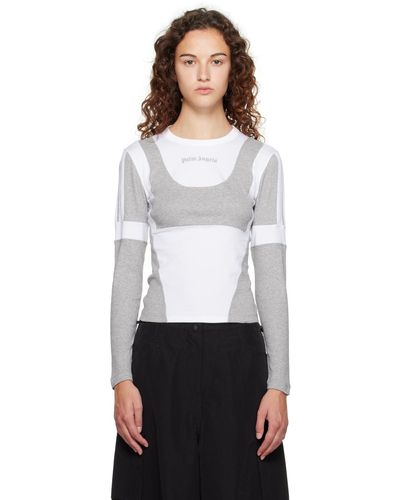 Palm Angels White & Gray Paneled Long Sleeve T-shirt