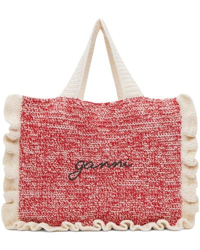 Ganni Cotton Crochet Frill Tote - Red