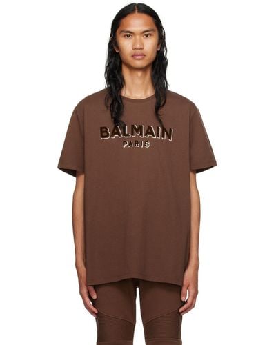 Balmain ブラウン フロックロゴ Tシャツ