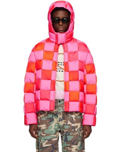 ERL & Red Gradient Checker Hooded Puffer Coat