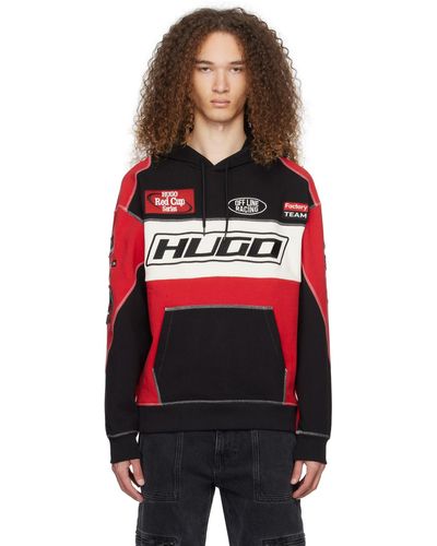 HUGO Pull à capuche style sportif noir et rouge