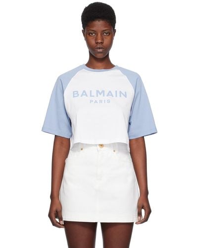 Balmain ホワイト&ブルー ラグランtシャツ