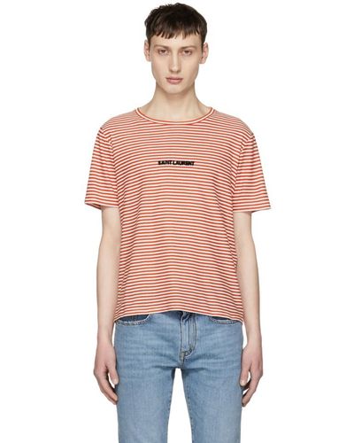 Saint Laurent White And Red Striped Logo T-shirt