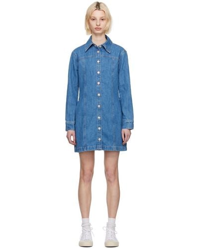 Alison Midi Dress - Long Sleeve Front Split Denim Dress in Mid Blue Wash |  Showpo USA
