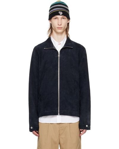 PS by Paul Smith Navy Zip Leather Jacket - Blue
