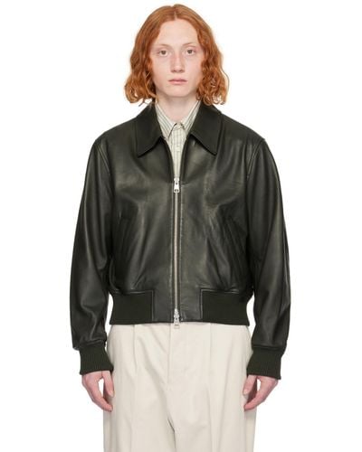 Ami Paris Green Zipped Leather Jacket - Black