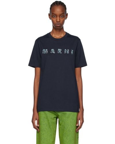 Marni ネイビー ロゴプリント Tシャツ - ブラック