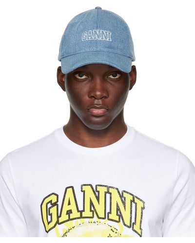 Ganni Casquette bleue en à logo brodé - Blanc