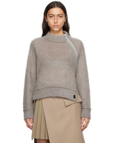 Sacai Gray Offset Zip Sweater - Brown