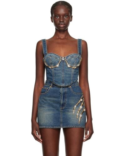 Area Embellished Claw Cup Denim Bustier - Blue