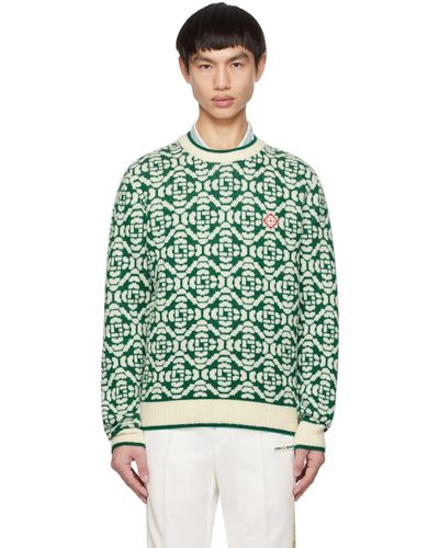 Casablancabrand Pull vert et blanc à motif et logo en tricot jacquard
