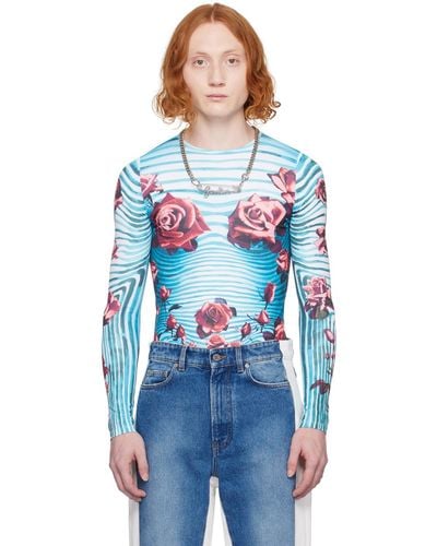 Jean Paul Gaultier T-shirt à manches longues bleu et rouge à motif fleuri