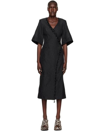 Ganni Bead-embellished Cloqué Midi Wrap Dress - Black