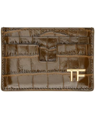 Tom Ford Brown Shiny Stamped Croc Tf Card Holder - Metallic