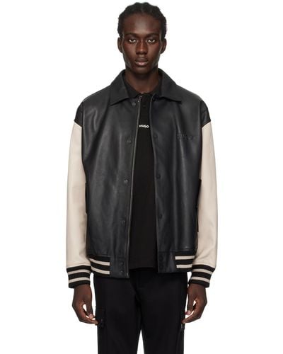 HUGO Black & Beige Embossed Leather Jacket