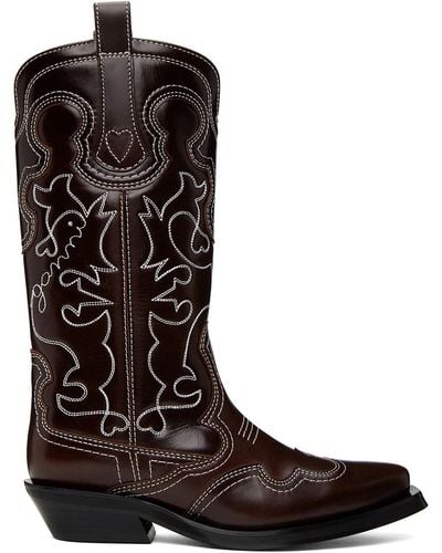Ganni Mid Shaft Embroidered Leather Western Boots - Brown