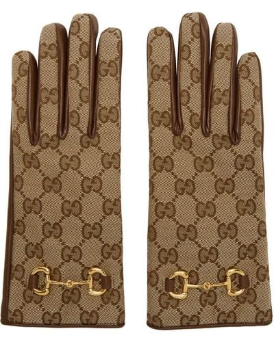 Brown Horsebit leather and GG-jacquard canvas gloves, Gucci