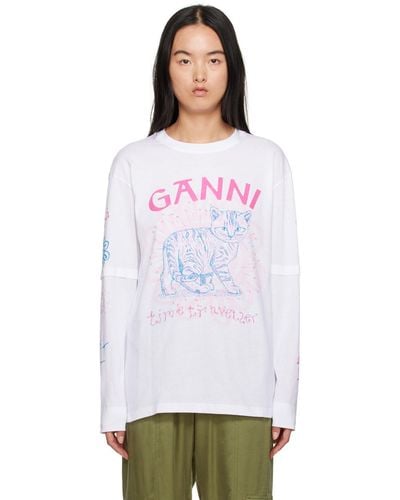 Ganni T-shirt à manches longues blanc à images et logos imprimés