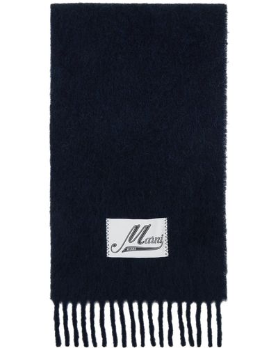 Marni Écharpe bleu marine en tricot brossé d'alpaga à écusson à logo