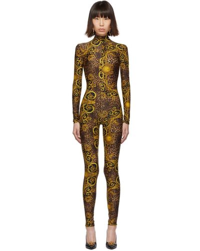 Versace Brown And Yellow Leopard Barocco Catsuit - Metallic