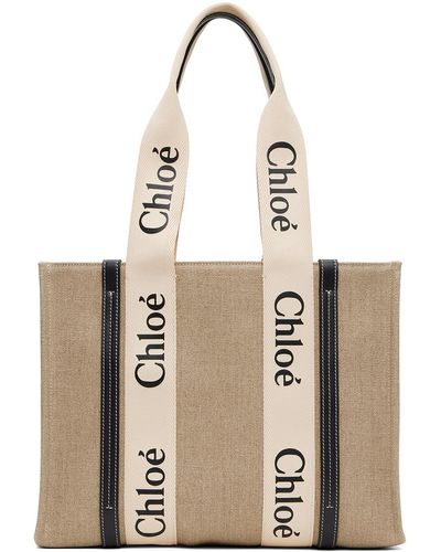 Chloé Beige & Navy Medium Woody Tote - Natural