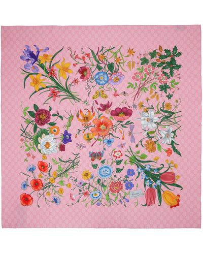 Gucci Flora Print Silk Twill Scarf - Pink