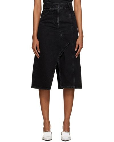 Pushbutton Paneled Denim Midi Skirt - Black