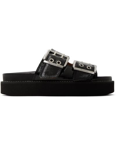 Ganni Buckle-embellished Double-strap Leather Sandals - Black
