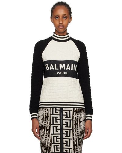 Balmain オフホワイト& ラグラン タートルネック - ブラック