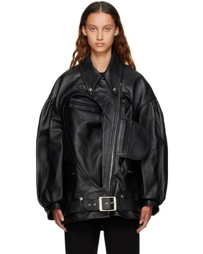 Simone Rocha Longline Biker Leather Jacket - Black