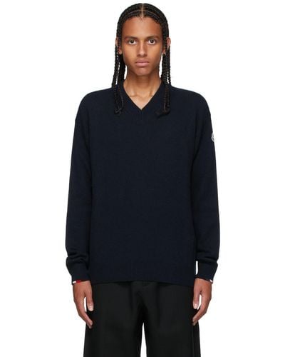 Moncler Navy Cashmere V-neck Sweater - Black