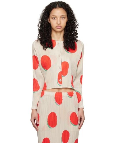 Pleats Please Issey Miyake Off-white & Red Bean Dots Cardigan