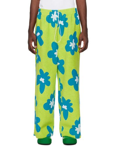 Bonsai Pantalon de détente décontracté vert et bleu à motif fleuri - Multicolore