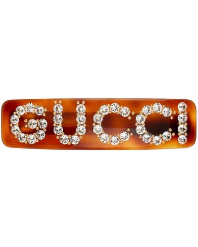 Gucci Tortoiseshell Crystal Logo Hair Clip - Black