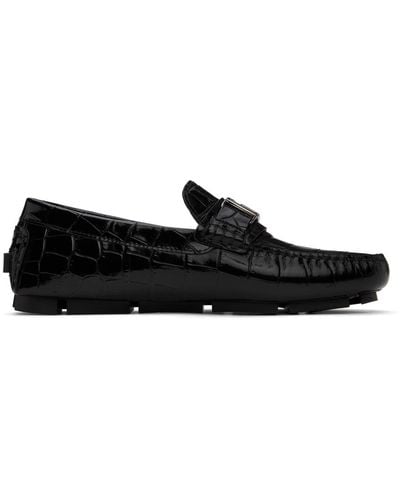 Versace Croc-Effect Leather Driver Loafers - Black