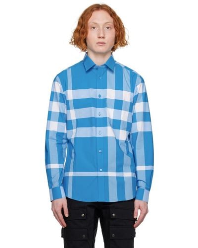 Burberry Check Stretch Cotton Poplin Shirt - Blue