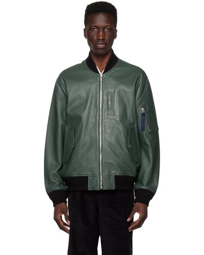 PS by Paul Smith Green Military Leather Bomber Jacket - Black