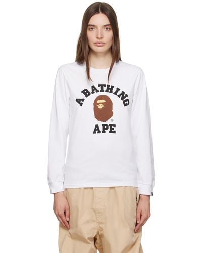 A Bathing Ape T-shirt à manches longues blanc à logo de style collégial - Noir