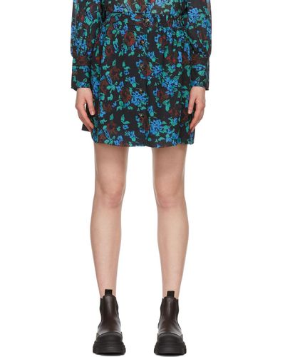 Ganni Black Crepe Floral Miniskirt - Blue