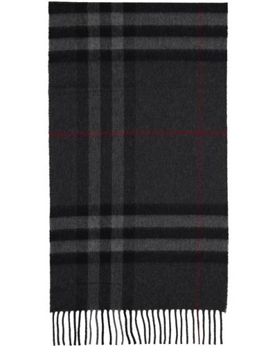 Burberry グレー カシミヤ チェック マフラー - ブラック