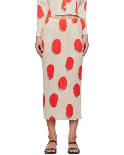 Pleats Please Issey Miyake Off-white & Red Bean Dots Midi Skirt