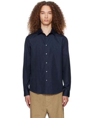 Sunspel Navy Buttoned Shirt - Blue