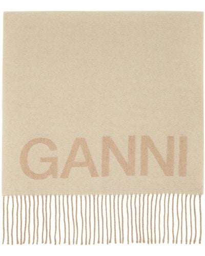 Ganni Beige Fringe Logo Scarf - Natural