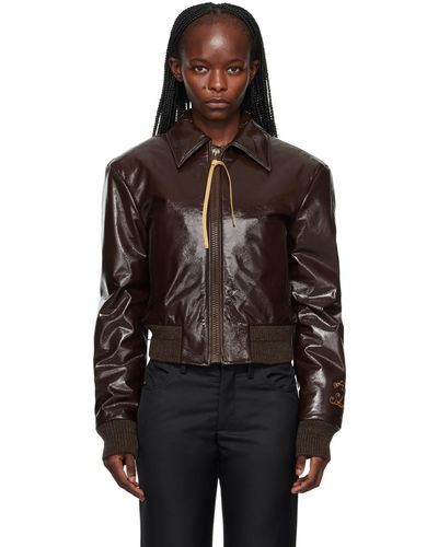 Acne Studios Burgundy Crinkled Leather Bomber Jacket - Black