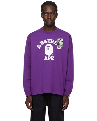 A Bathing Ape T-shirt à manches longues mauve à logo de style collégial - Violet