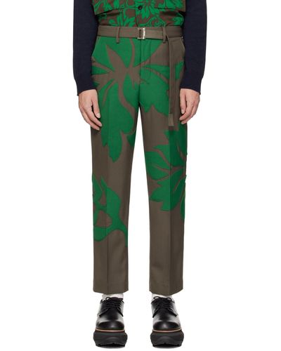 Sacai Taupe & Green Floral Appliqué Trousers
